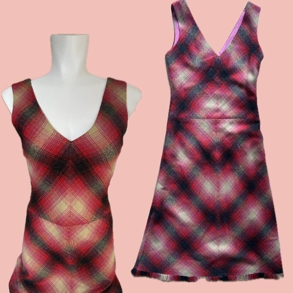 Vintage Sandra Angelozzi plaid dress in a warm tartan pattern